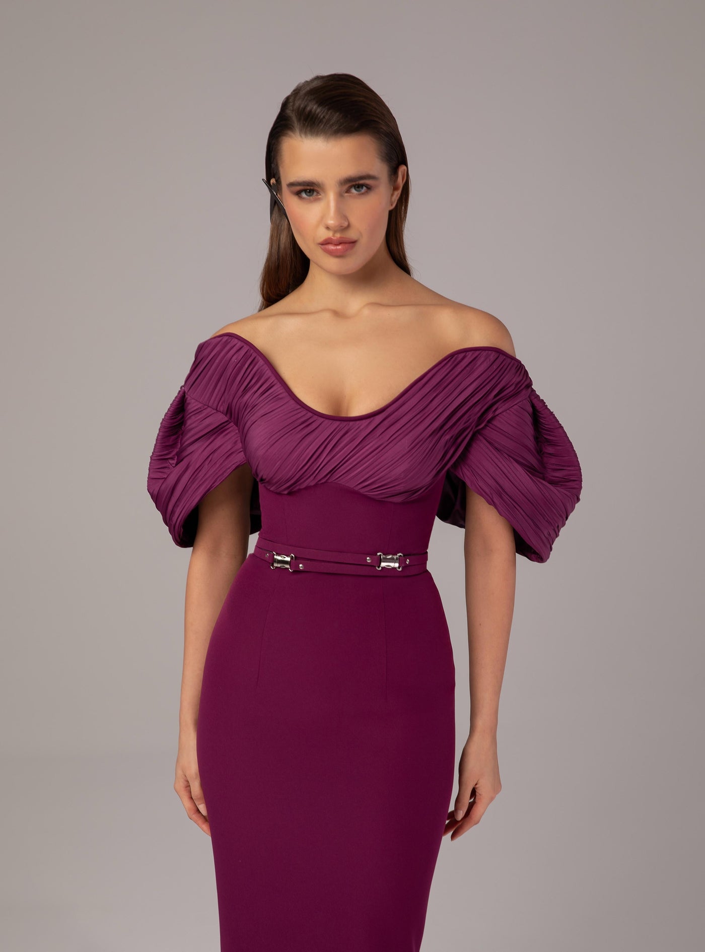MNM Couture E0088 - Puff Sleeve Crepe Gown with Belt Formal Gowns