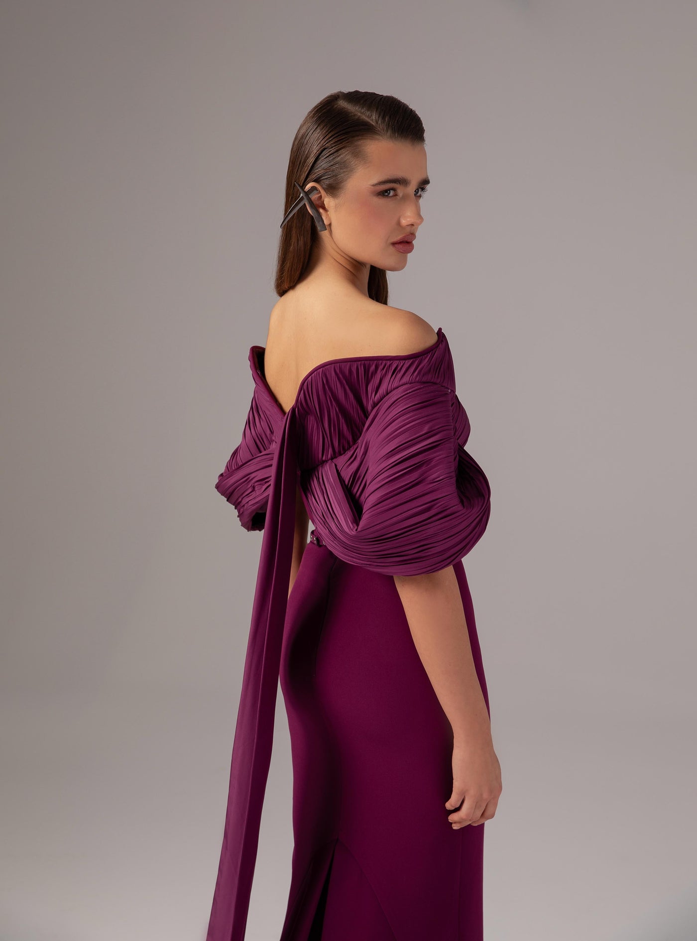 MNM Couture E0088 - Puff Sleeve Crepe Gown with Belt Formal Gowns