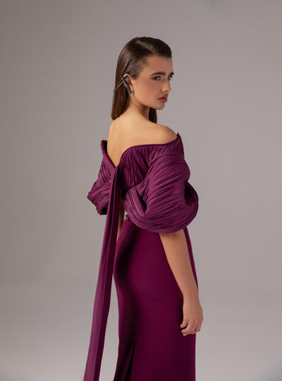 MNM Couture E0088 - Puff Sleeve Crepe Gown with Belt Formal Gowns