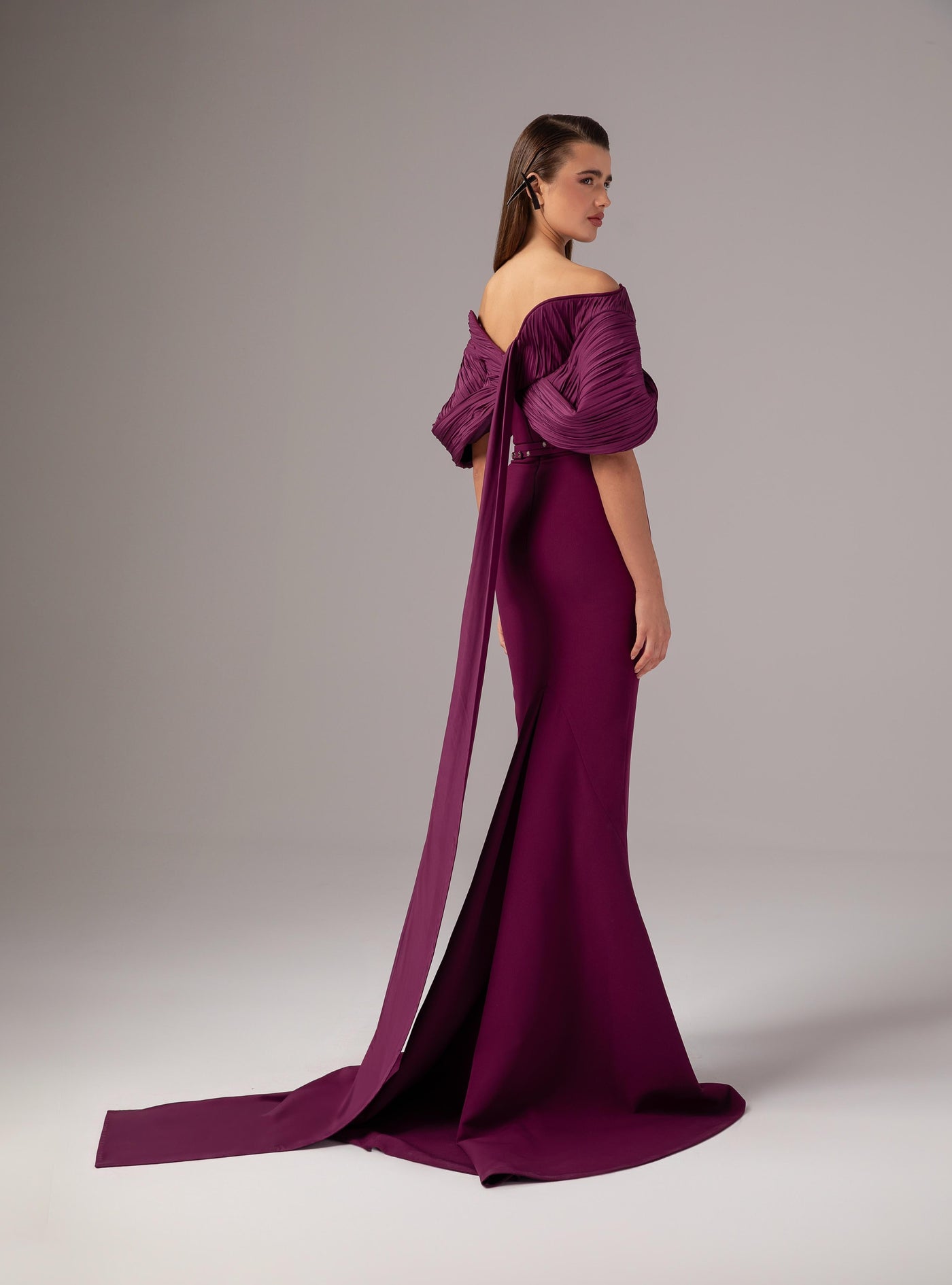 MNM Couture E0088 - Puff Sleeve Crepe Gown with Belt Formal Gowns
