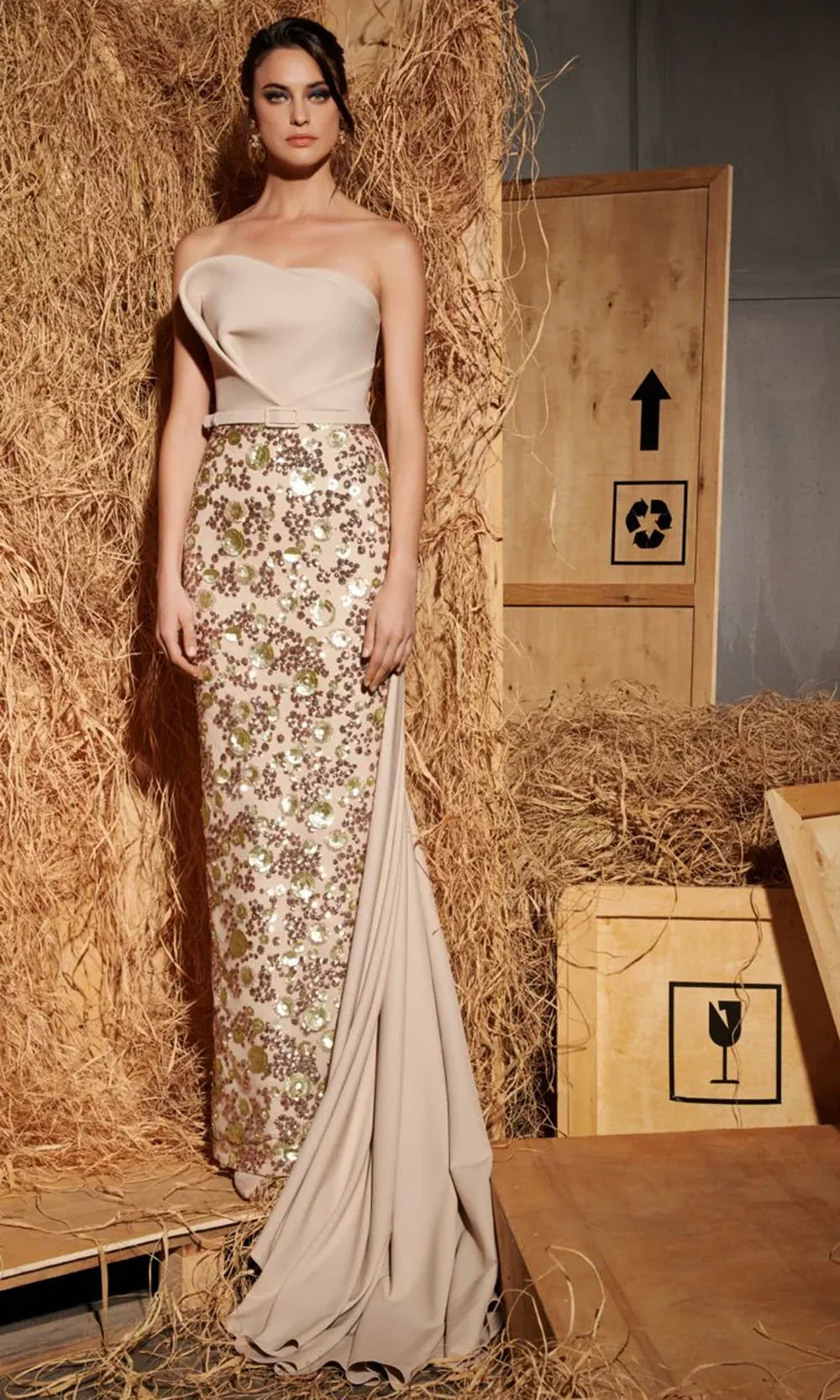 MNM Couture N0645 - Draped Bodice Embellished Column Gown Formal Gowns