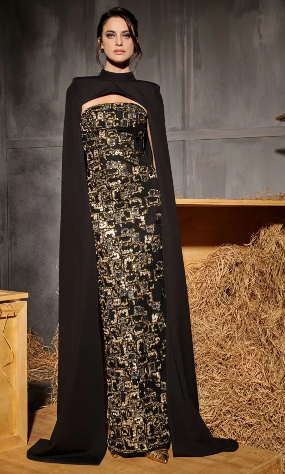 MNM Couture N0657 - Dramatic Cape Embellished Column Gown Mother of the Bride Dresses