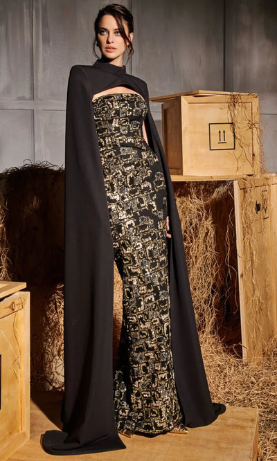 MNM Couture N0657 - Dramatic Cape Embellished Column Gown Mother of the Bride Dresses