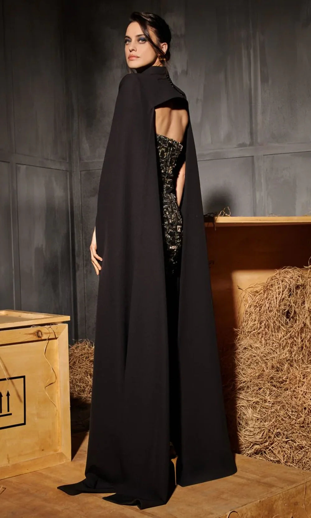 MNM Couture N0657 - Dramatic Cape Embellished Column Gown Mother of the Bride Dresses
