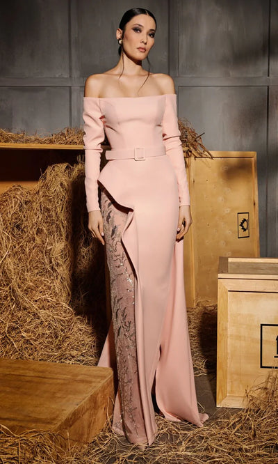 MNM Couture N0660 - Long Sleeve Belted Waist Evening Gown Mother of the Bride Dresses