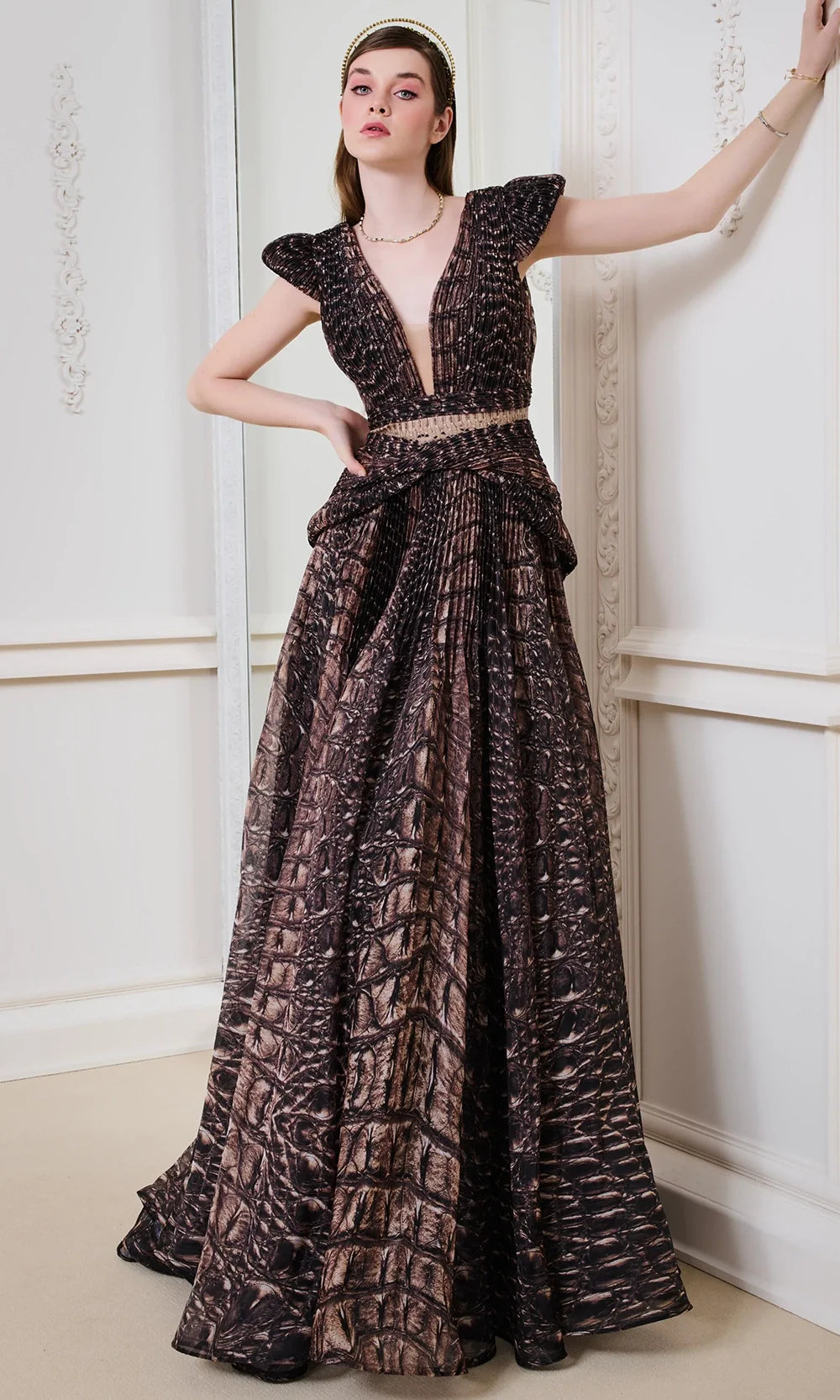 MNM Couture F02922 - Elegant Plunging Neckline Peplum Gown Formal Gowns