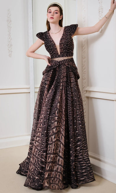 MNM Couture F02922 - Elegant Plunging Neckline Peplum Gown Formal Gowns