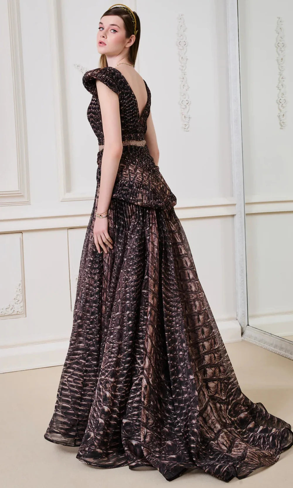 MNM Couture F02922 - Elegant Plunging Neckline Peplum Gown Formal Gowns