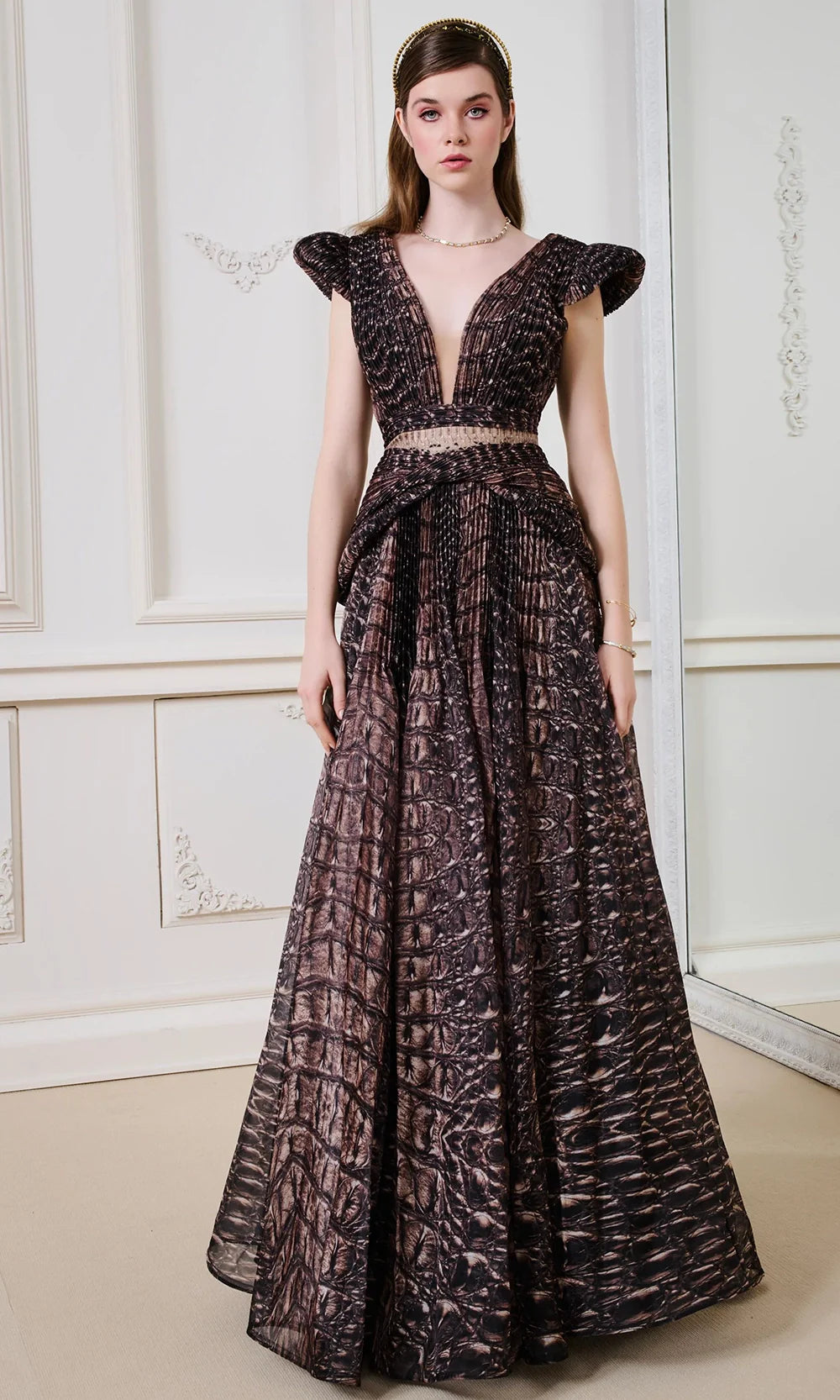 MNM Couture F02922 - Elegant Plunging Neckline Peplum Gown Formal Gowns