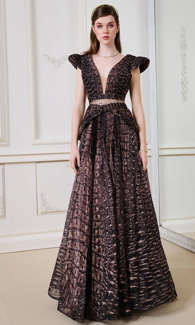 MNM Couture F02922 - Elegant Plunging Neckline Peplum Gown Formal Gowns