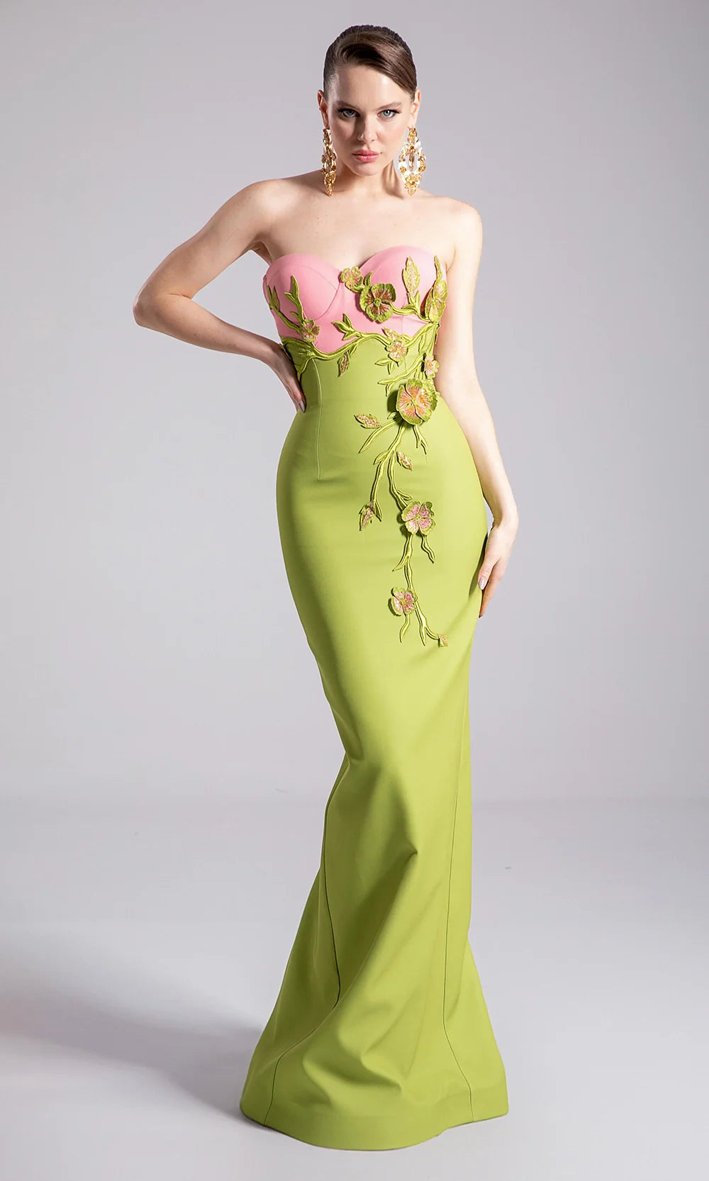 MNM Couture F02917 - Two-Tone Strapless Gown with 3D Appliques Prom Dresses