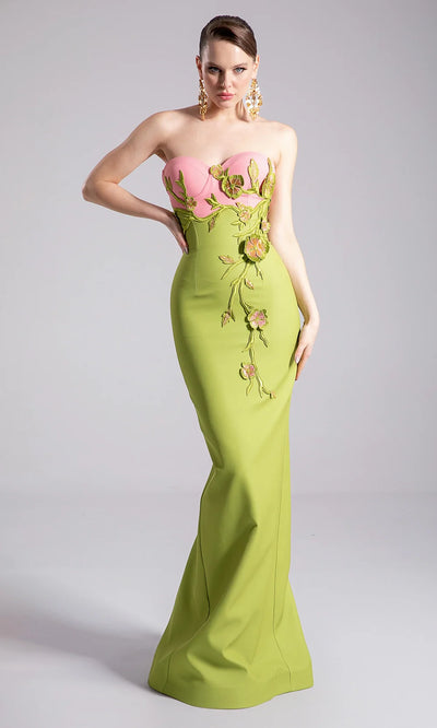 MNM Couture F02917 - Two-Tone Strapless Gown with 3D Appliques Prom Dresses