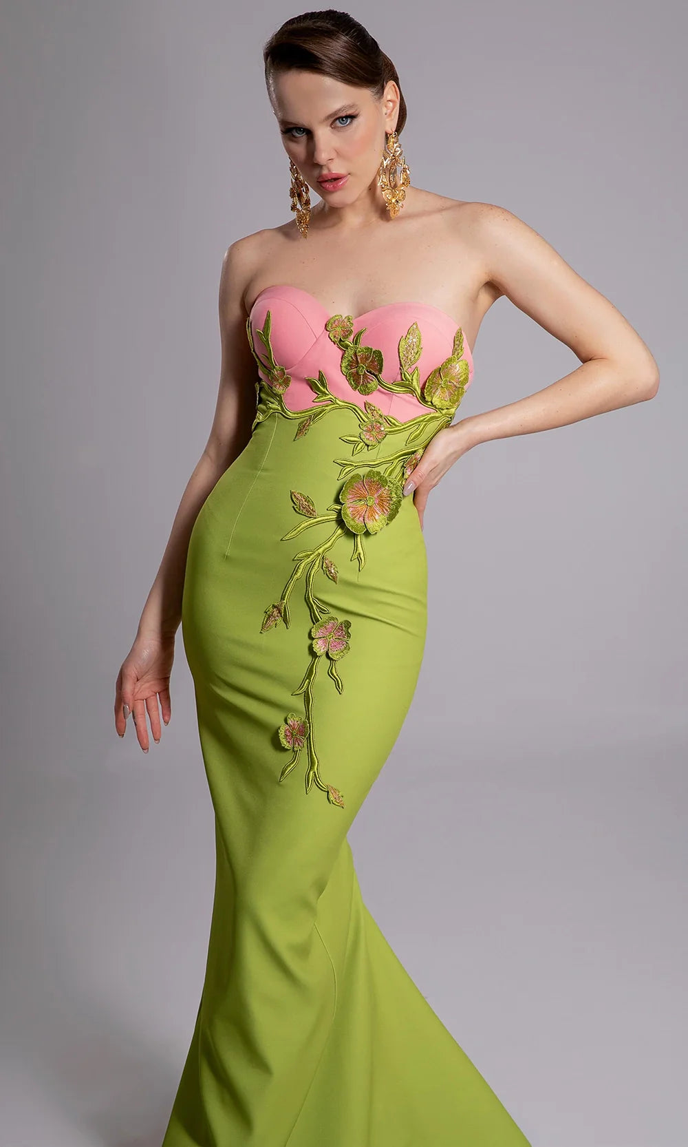 MNM Couture F02917 - Two-Tone Strapless Gown with 3D Appliques Prom Dresses