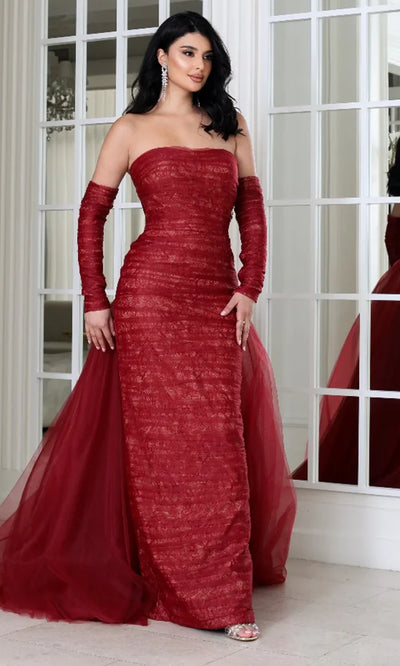 MNM Couture N0656 - Strapless Ruched Evening Gown with Lace Prom Dresses