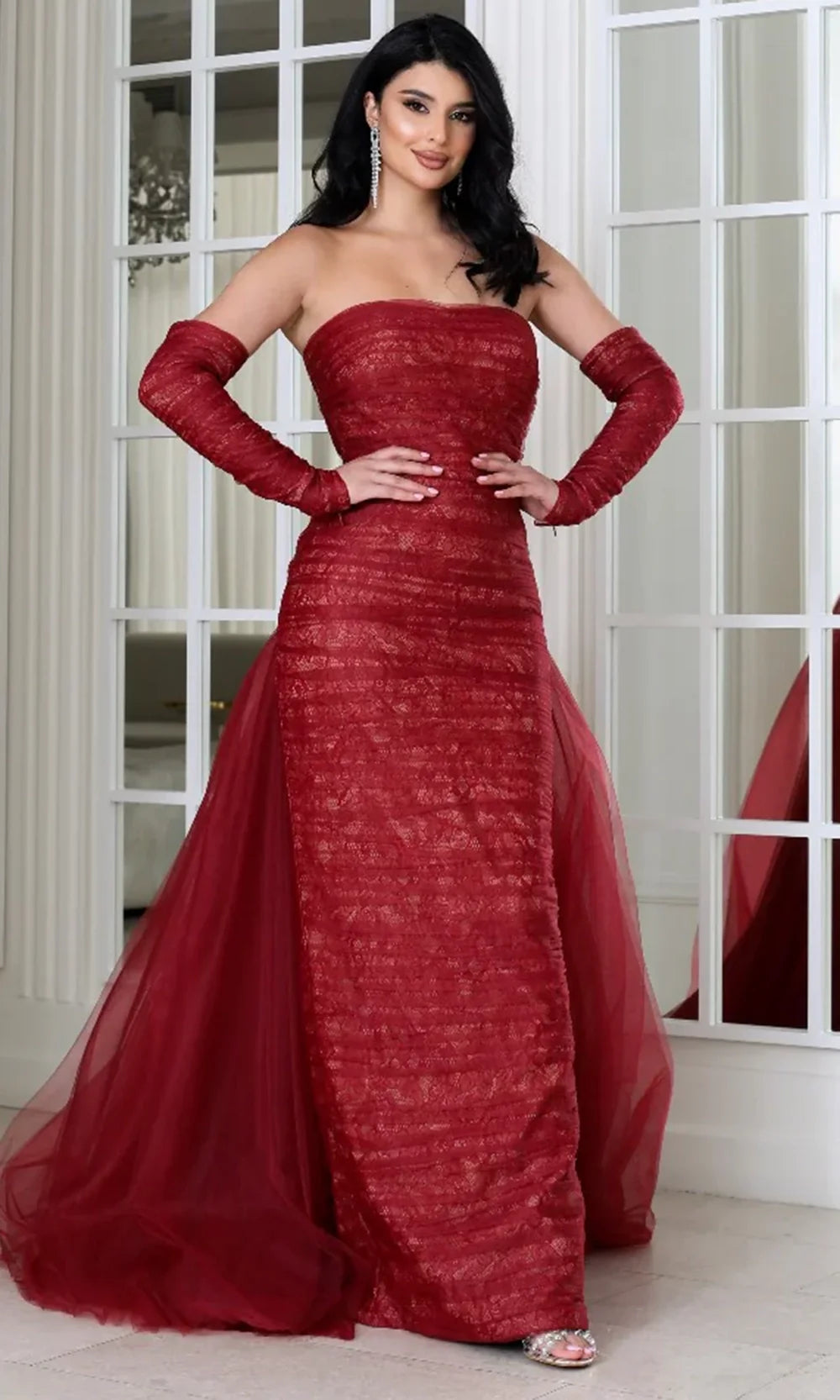 MNM Couture N0656 - Strapless Ruched Evening Gown with Lace Prom Dresses