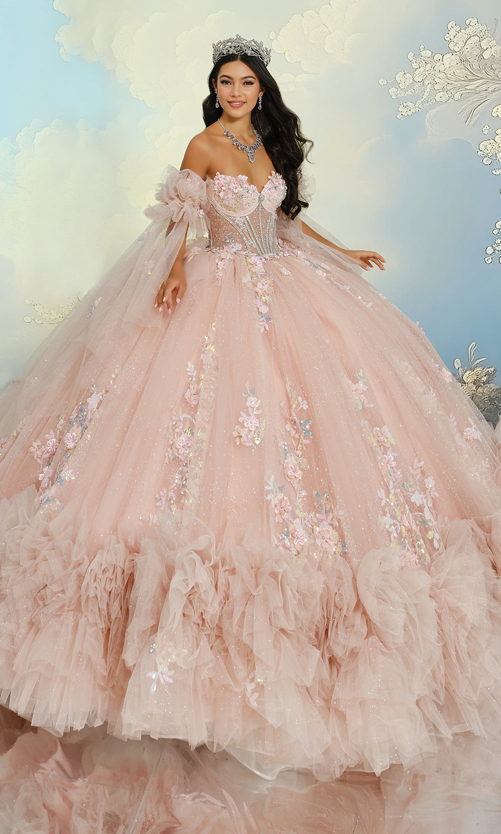 Princesa by Ariana Vara PR30209 - Floral Off Shoulder Ruffled Gown Quinceanera Dresses