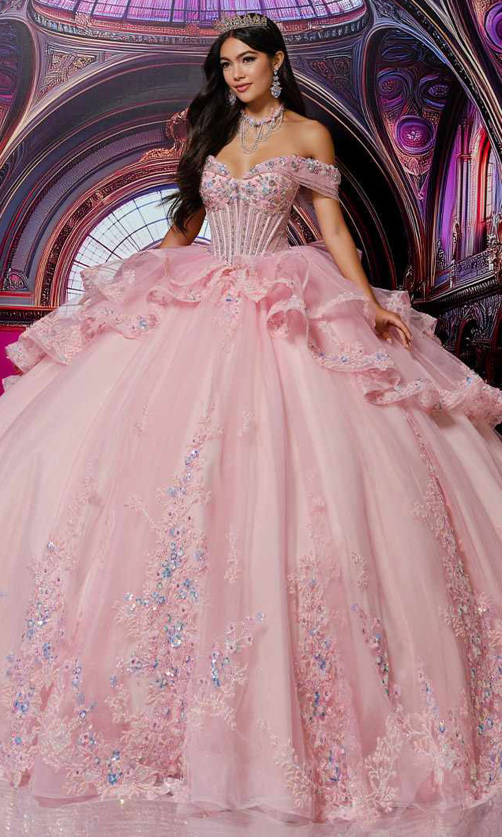 Princesa PR30221 - Corset Beaded Applique Tiered Ballgown Quinceanera Dresses