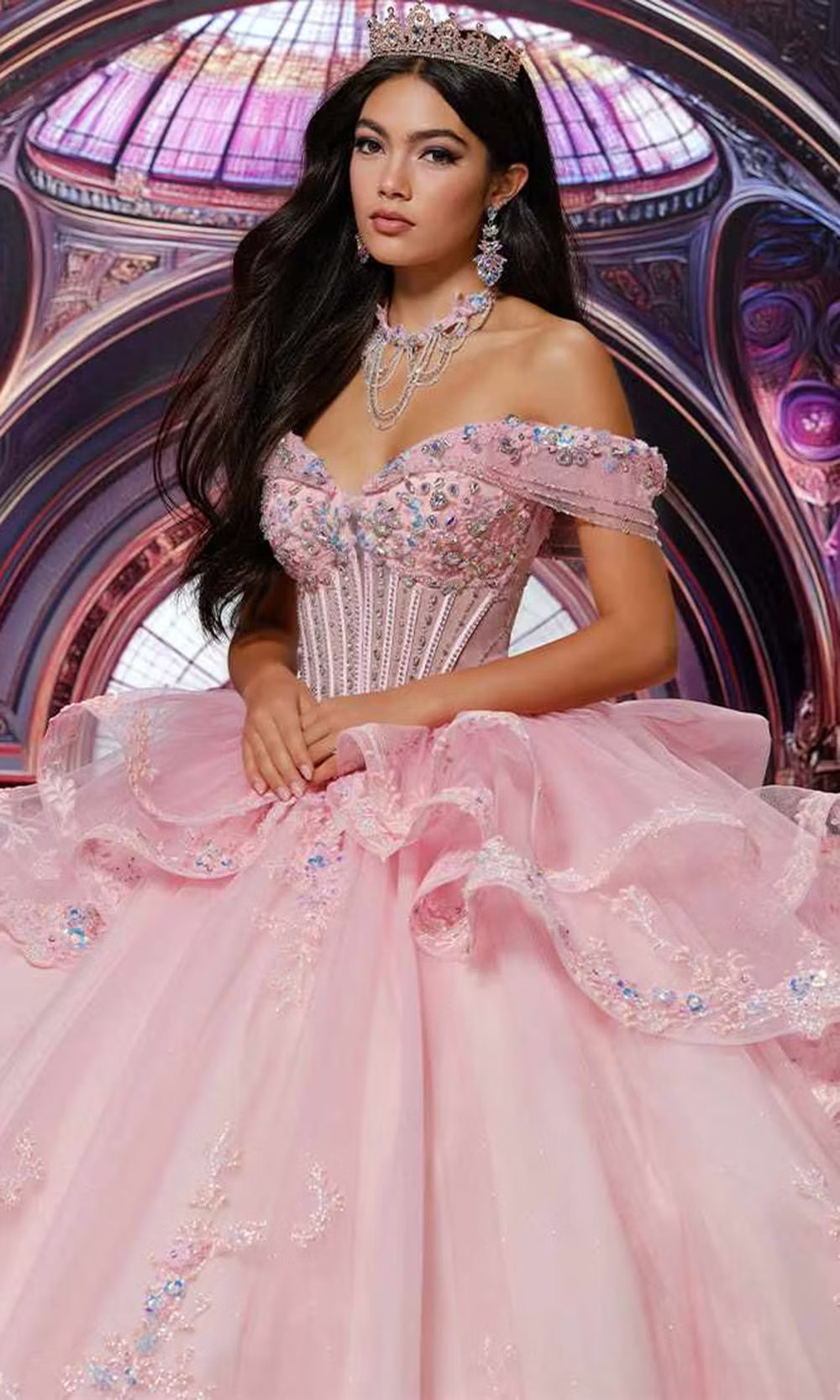 Princesa PR30221 - Corset Beaded Applique Tiered Ballgown Quinceanera Dresses