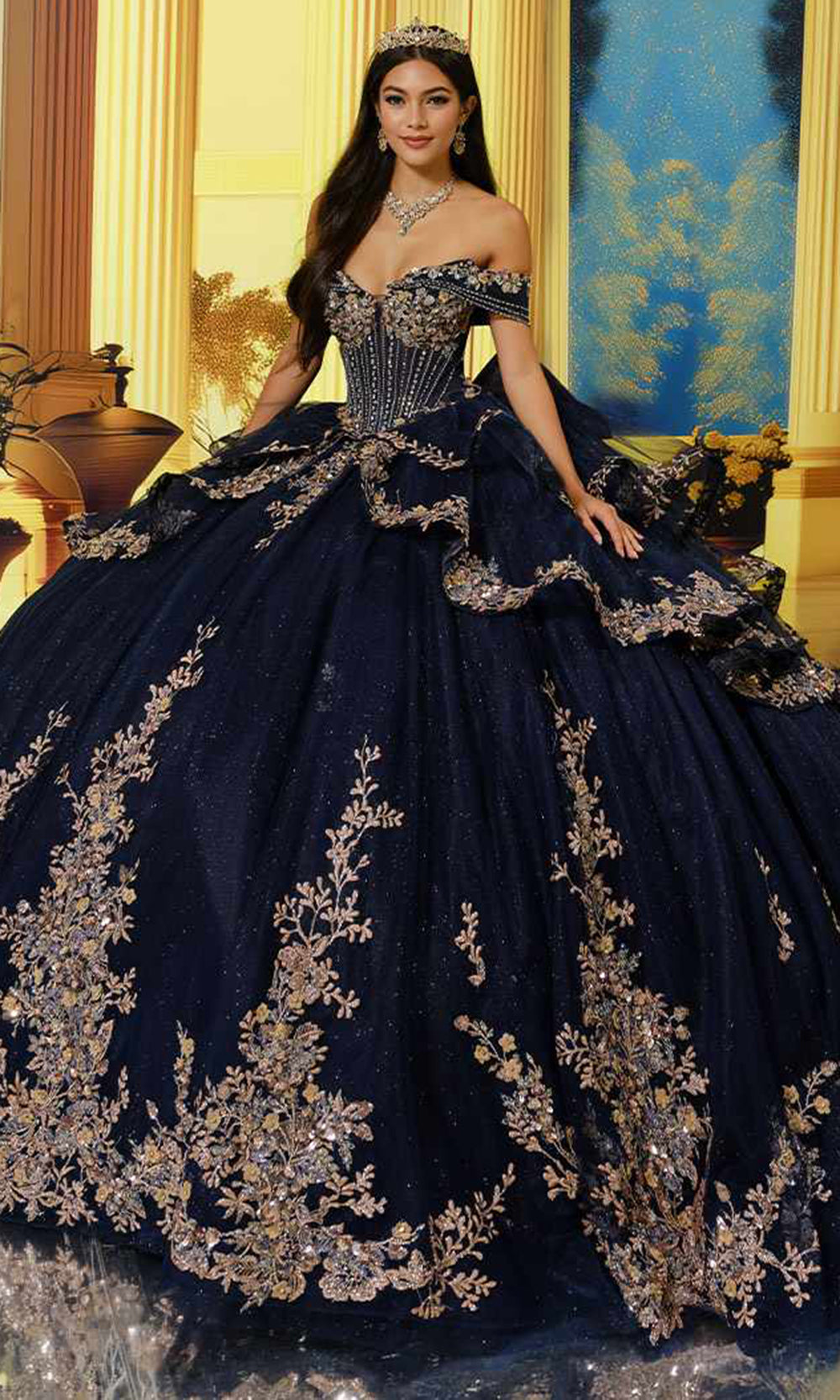 Princesa PR30221 - Corset Beaded Applique Tiered Ballgown Quinceanera Dresses