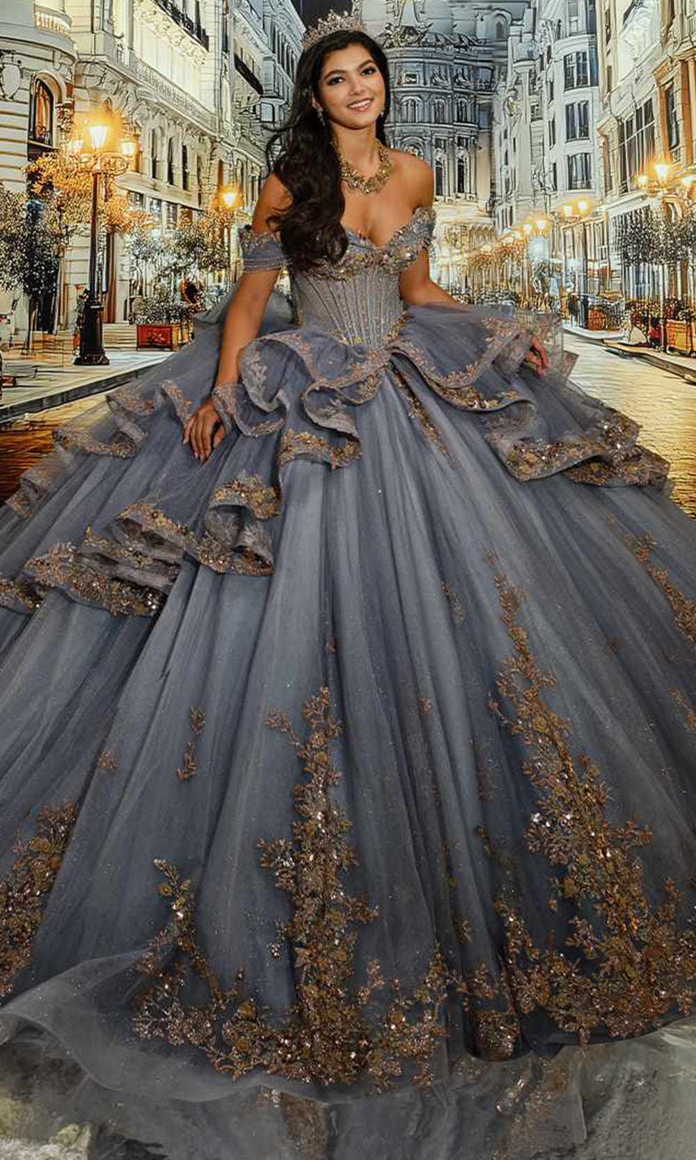 Princesa PR30221 - Corset Beaded Applique Tiered Ballgown Quinceanera Dresses