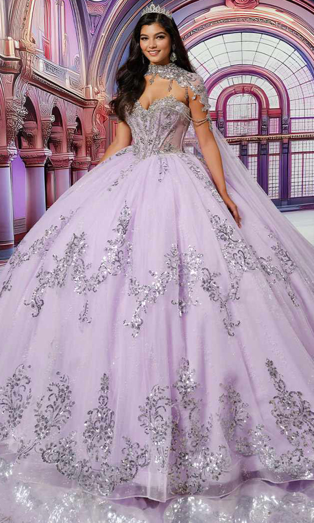 Princesa PR30223 - Sequin Applique Glitter Tulle Gown with Detachable Bow Quinceanera Dresses