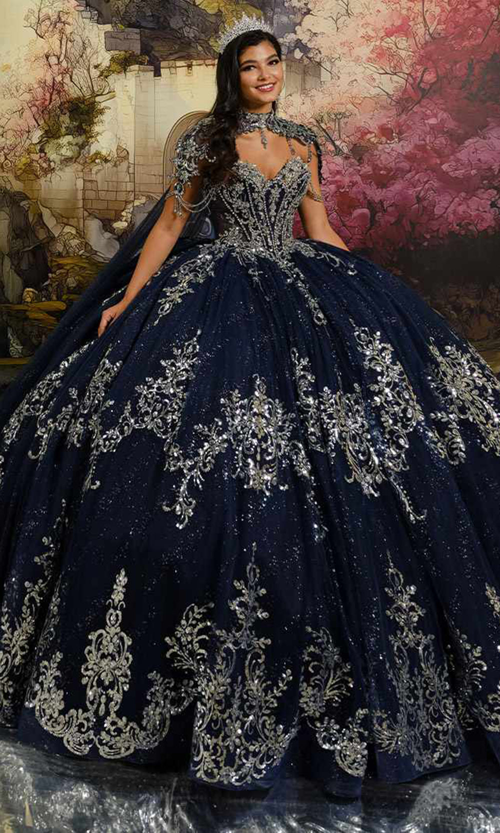 Princesa PR30223 - Sequin Applique Glitter Tulle Gown with Detachable Bow Quinceanera Dresses