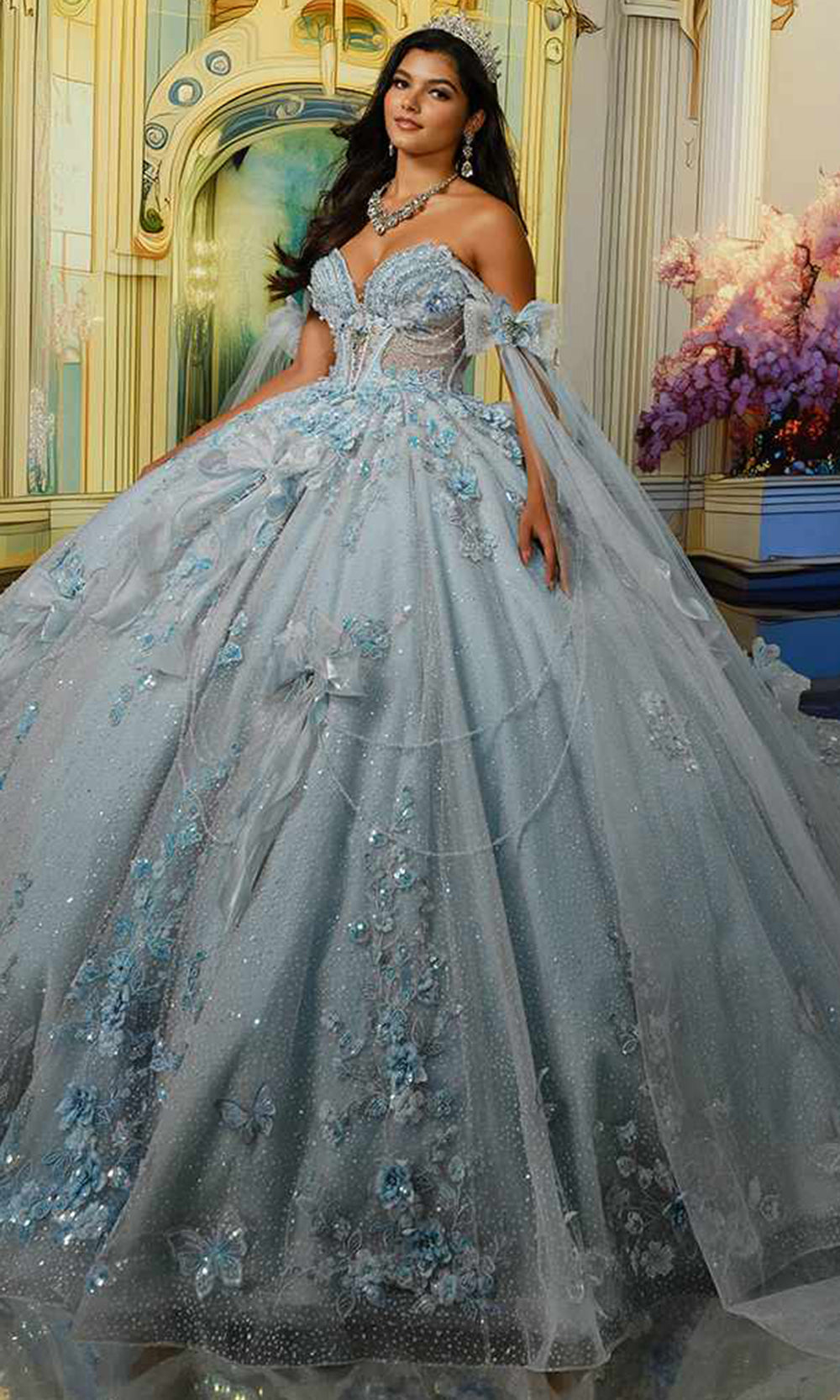 light blue quince dress with butterflies Princesa by Ariana Vara PR30225 - Long Cracked Ice, Lace Applique, Sequin, Stone Accents, Beading, Three Dimensional Flowers, Butterflies, Glitter Tulle & Crinoline Ballgown Middle Promos:fl2 Color:MDV Train Neckline Ladies - White/Black Floral