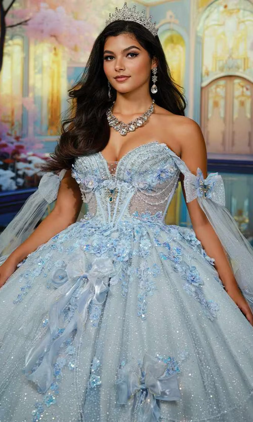 Princesa by Ariana Vara PR30225 - Long Cracked Ice, Lace Applique, Sequin, Stone Accents, Beading, Three Dimensional Flowers, Butterflies, Glitter Tulle & Crinoline Ballgown Dress - Detachable Back Bow, Detachable Long Off-Shoulder Princesa by Ariana Vara PR30225 - Long Cracked Ice, Lace Applique, Sequin, Stone Accents, Beading, Three Dimensional Flowers, Butterflies, Glitter Tulle & Crinoline Ballgown Dress - Detachable Back Bow, Detachable Long Off-Shoulder