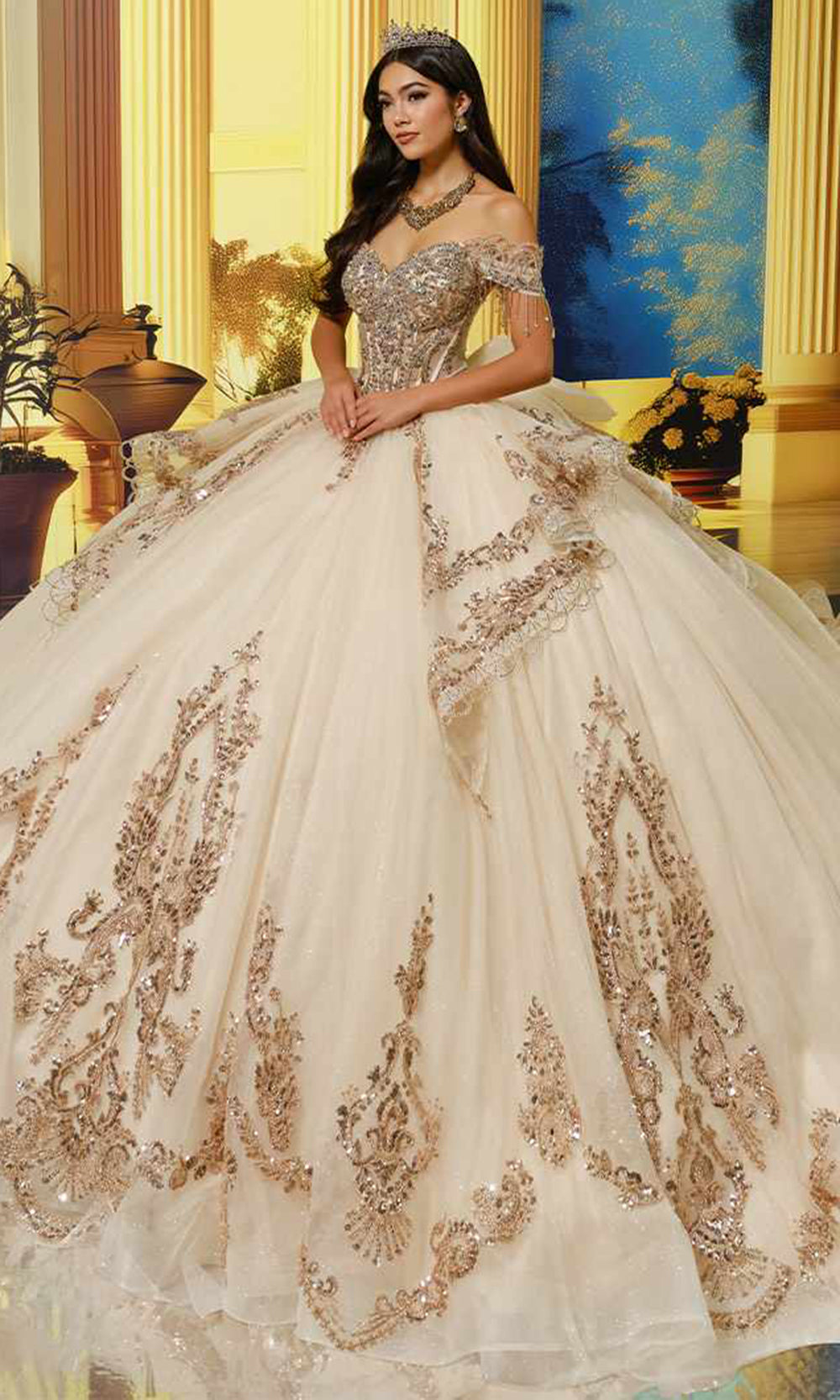 dresses with gold accents Princesa by Ariana Vara PR30226 - Long Glitter Tulle, Lace Applique, Stone Accents, Beading, Sequin & Crinoline Ballgown Dress Vintage Style Bridesmaid Dresses Do not know where YGroup_PippaSequinMiniDress Size:US 22Plus  / UK 26 / EU 52