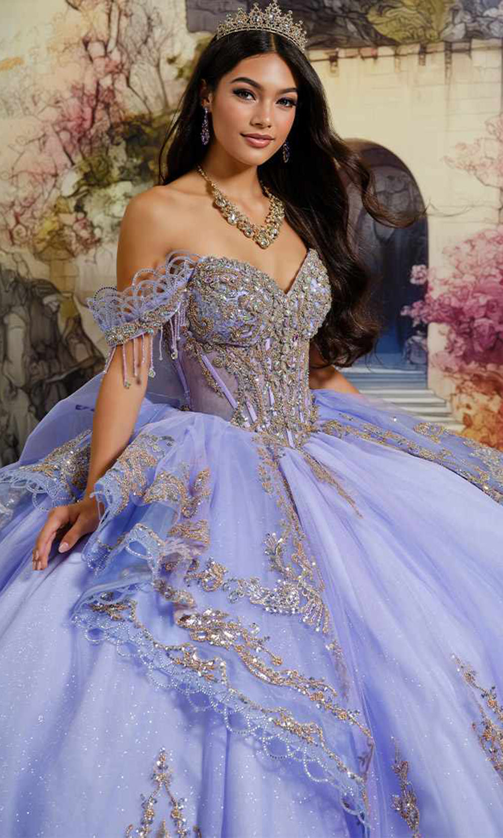 gold and lavender dress Princesa by Ariana Vara PR30226 - Long Glitter Tulle, Lace Applique, Stone Accents, Beading, Sequin & Crinoline Ballgown Dress