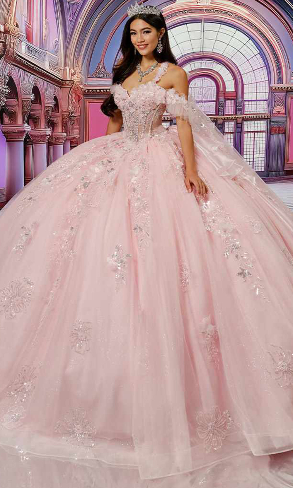 Princesa PR30227 - Sweetheart Floral Embellished Ballgown with Cape Quinceanera Dresses
