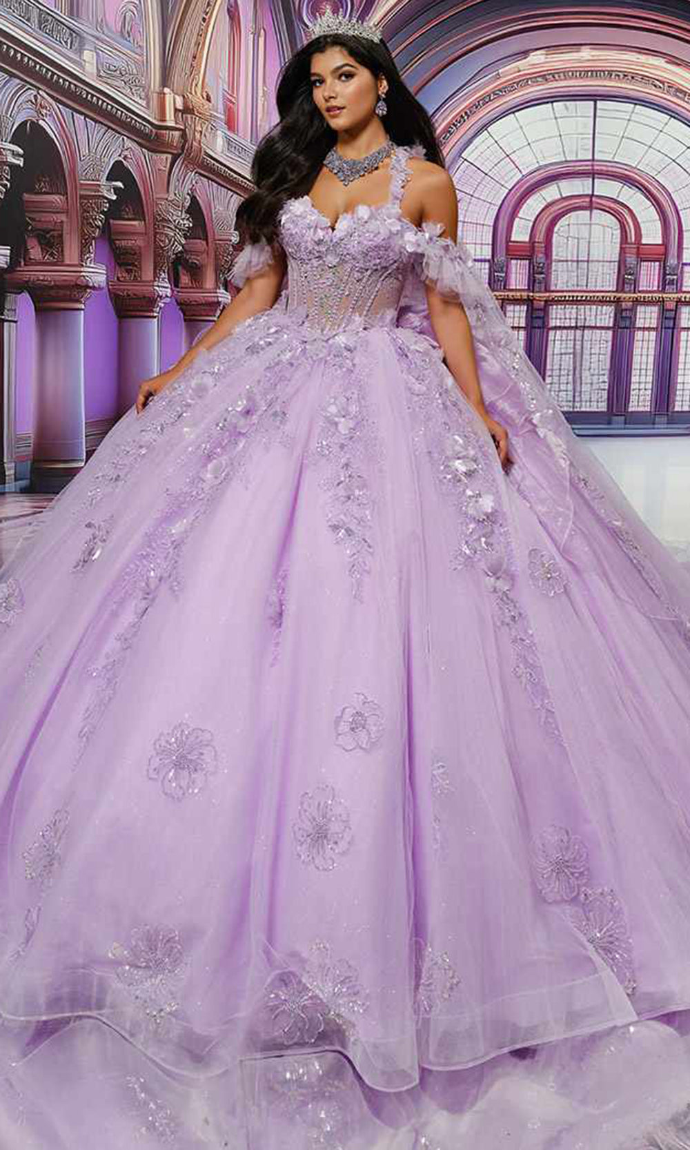 Princesa PR30227 - Sweetheart Floral Embellished Ballgown with Cape Quinceanera Dresses