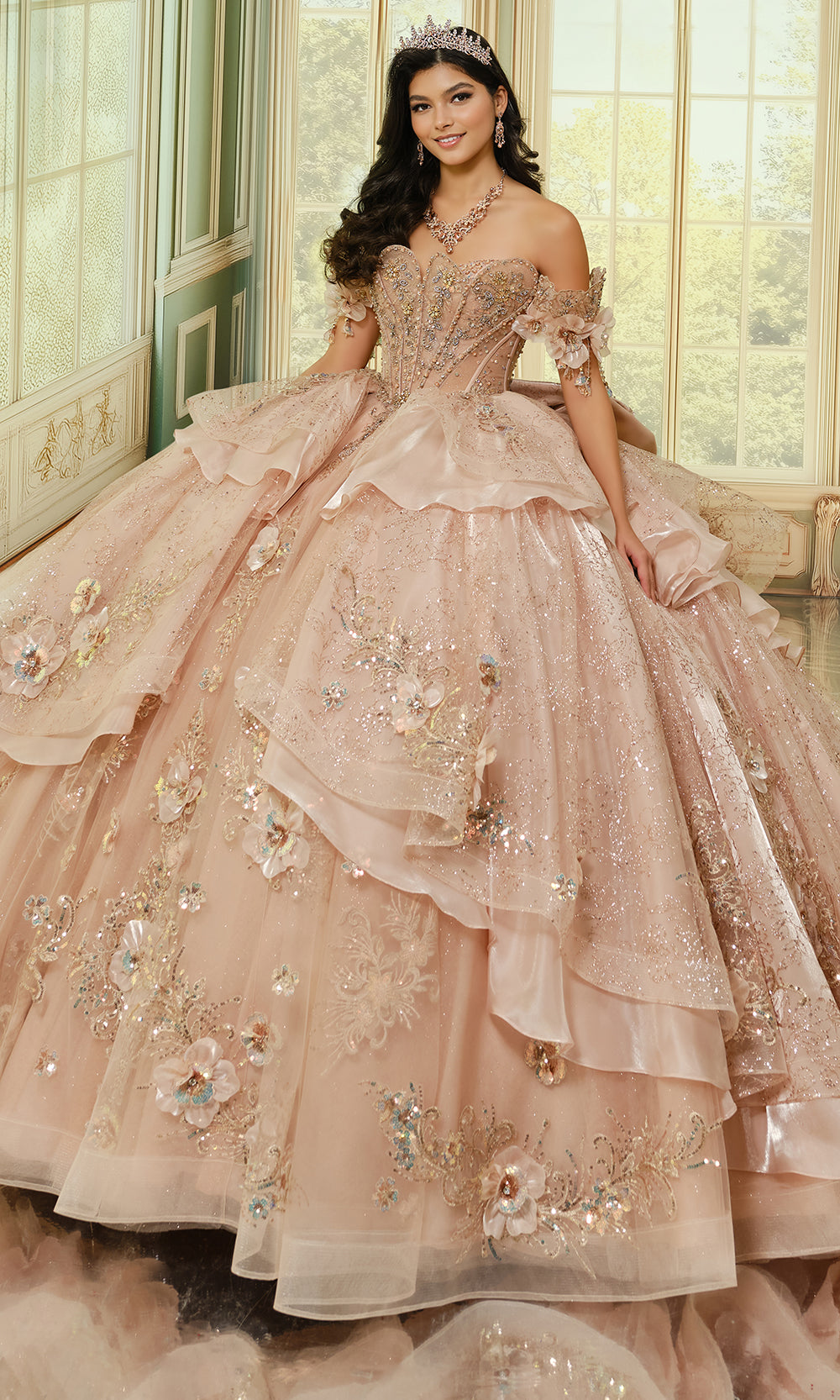 Princesa by Ariana Vara PR70106 - Floral Off Shoulder Layered Ballgown Quinceanera Dresses