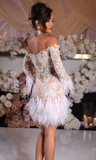 Portia and Scarlett PS25563 - Feather Lace Off-Shoulder Mini Dress Cocktail Dresses
