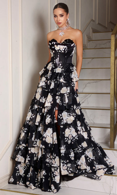Portia and Scarlett PS25960 - Floral Print A-Line Gown with Slit Prom Dresses