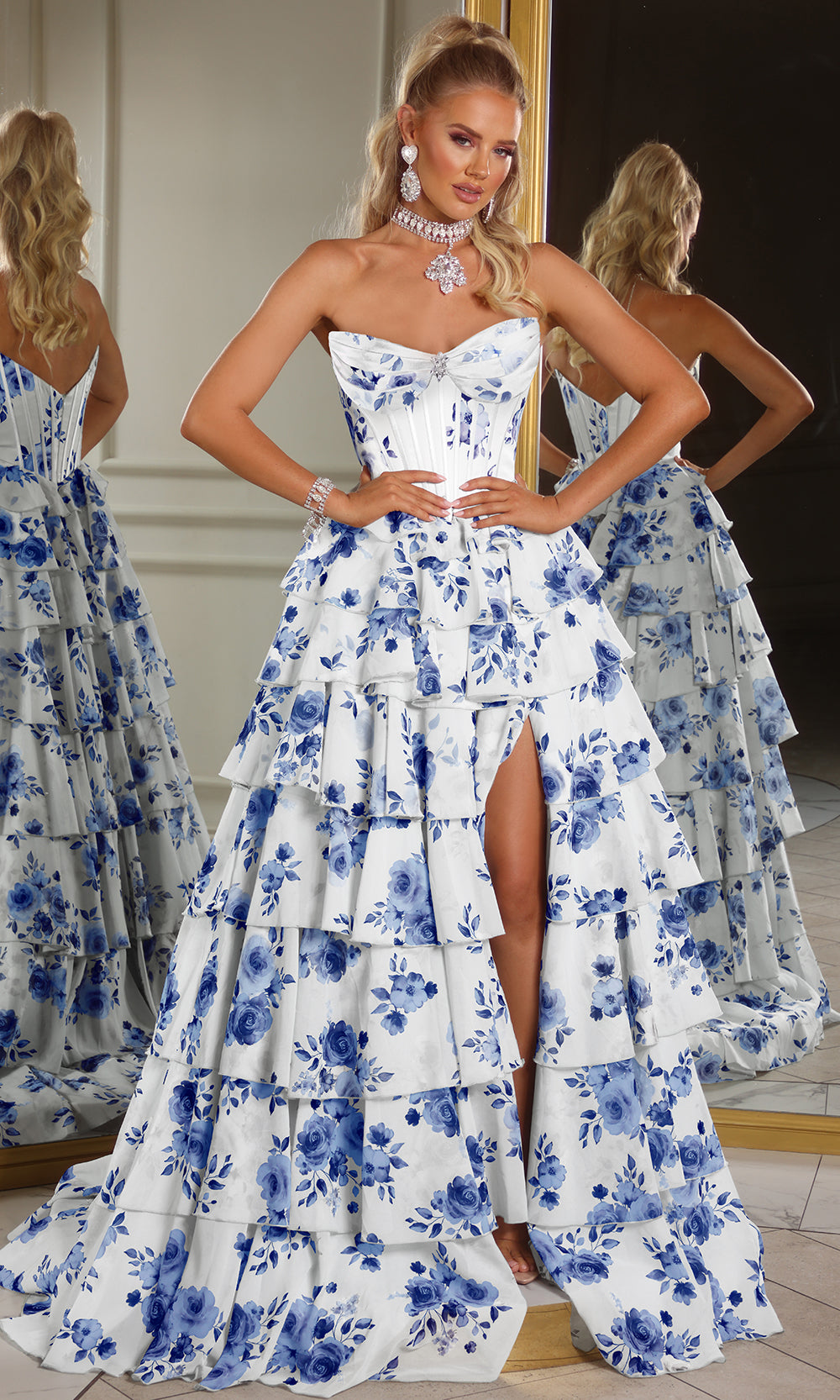 Portia and Scarlett PS25966 - Floral Print Tiered A-Line Gown Prom Dresses