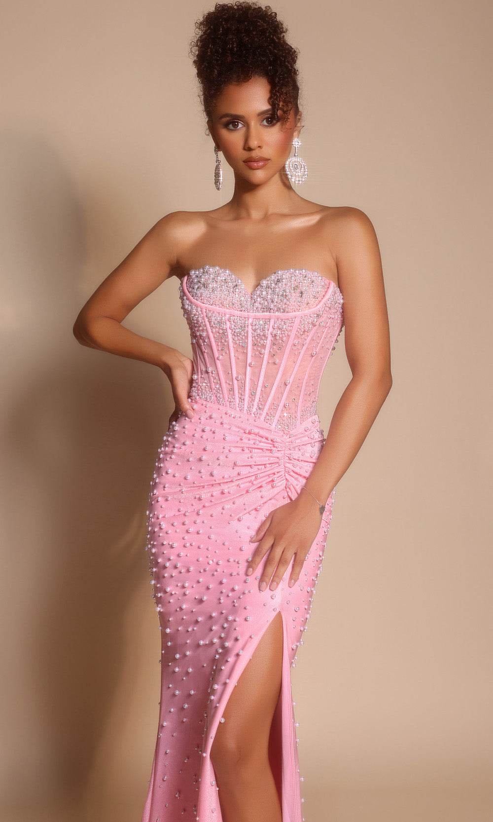 Portia and Scarlett PS26002 - Strapless Slit Dress With Pearl Beading Prom Dresses