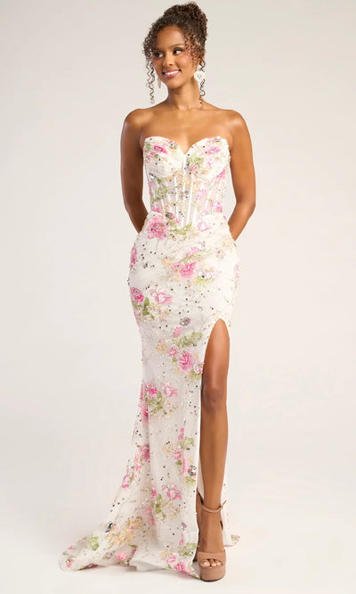 Portia and Scarlett PS26021 - Floral Illusion Corset Gown With Side Slit Prom Dresses