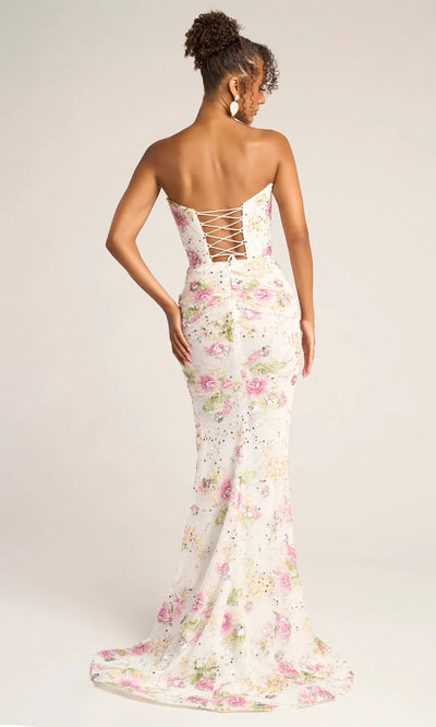 Portia and Scarlett PS26021 - Floral Illusion Corset Gown With Side Slit Prom Dresses