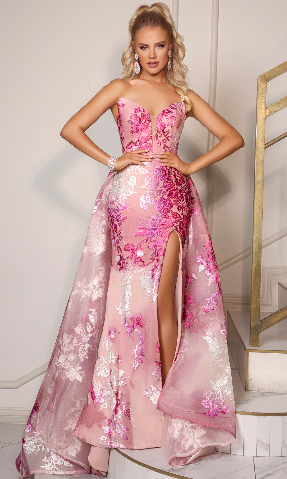 Portia and Scarlett PS26035 - Floral Embroidered Plunging Gown Prom Dresses