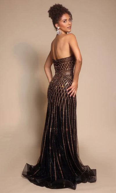 Portia and Scarlett PS26072 - Geometric Beaded Sheath Dress With Slit Prom Dresses