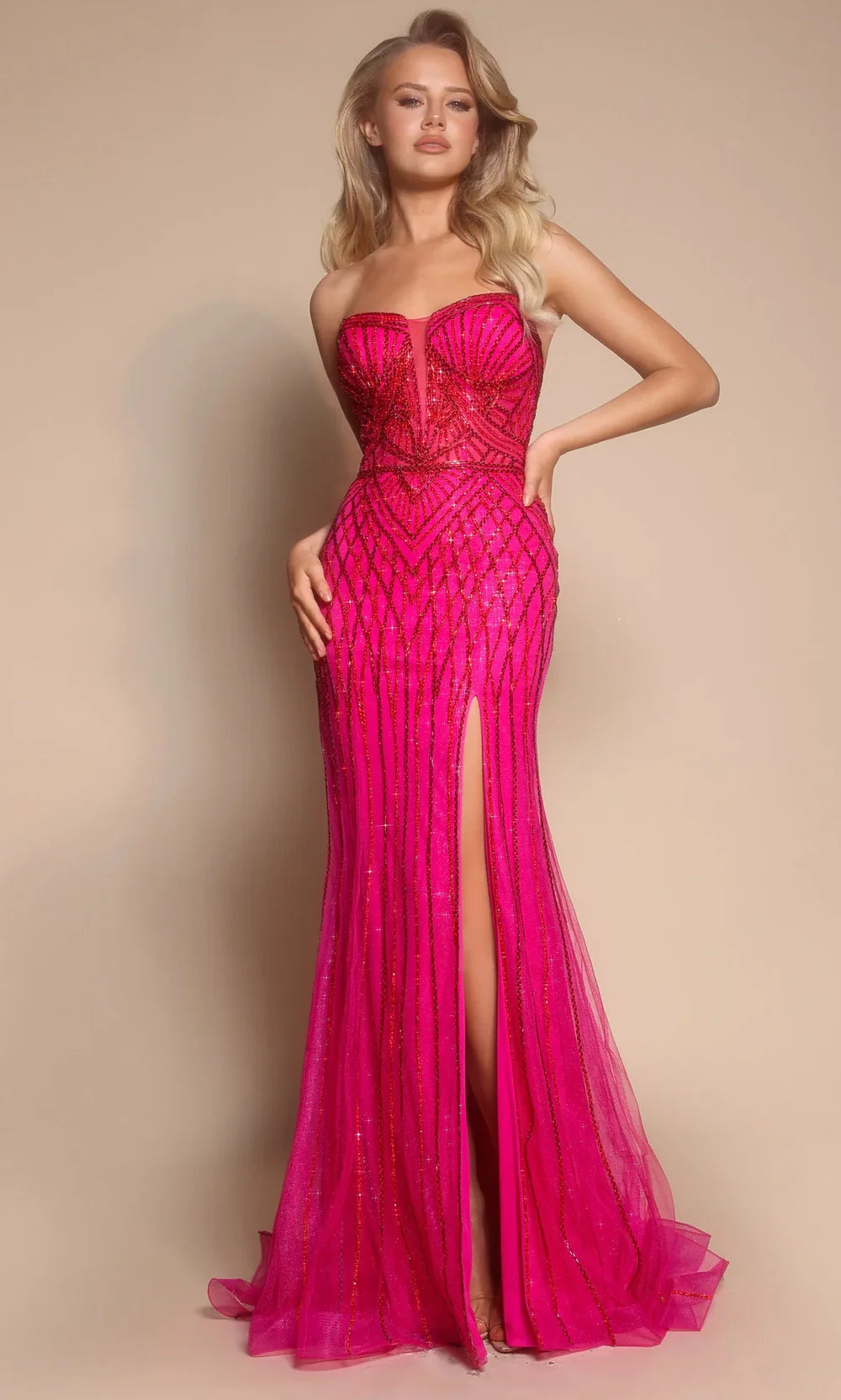 Portia and Scarlett PS26072 - Geometric Beaded Sheath Dress With Slit Prom Dresses