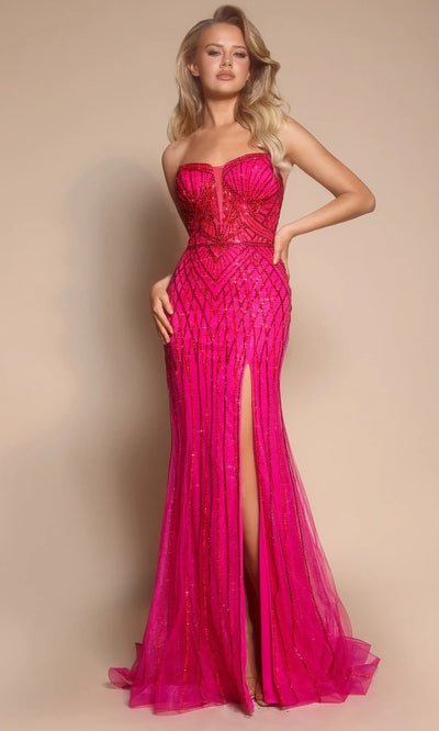 Portia and Scarlett PS26072 - Geometric Beaded Sheath Dress With Slit Prom Dresses