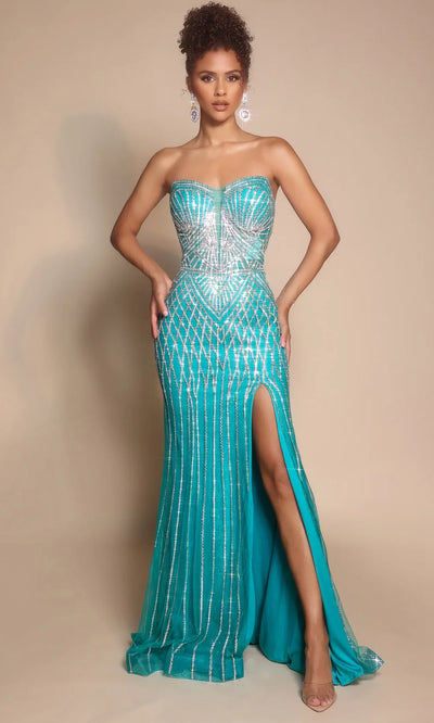 Portia and Scarlett PS26072 - Geometric Beaded Sheath Dress With Slit Prom Dresses