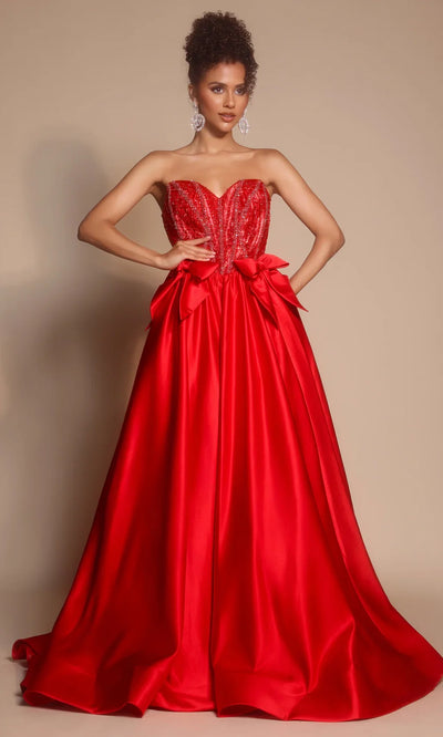 Portia and Scarlett PS26077 - Satin Bow Beaded Strapless Gown Prom Dresses