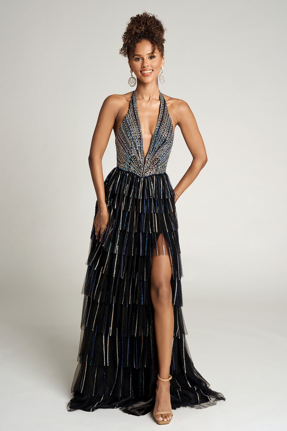 Portia and Scarlett PS26117 - Tiered Skirt Open Back Gown With Slit