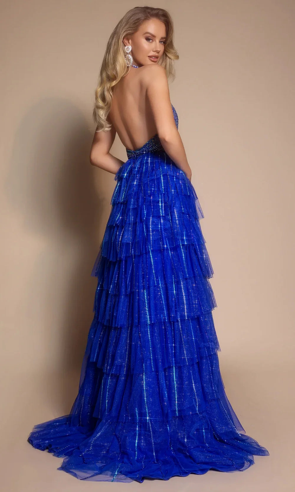Portia and Scarlett PS26117 - Tiered Skirt Open Back Gown With Slit Prom Dresses