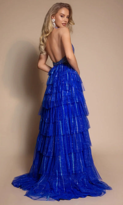 Portia and Scarlett PS26117 - Tiered Skirt Open Back Gown With Slit Prom Dresses
