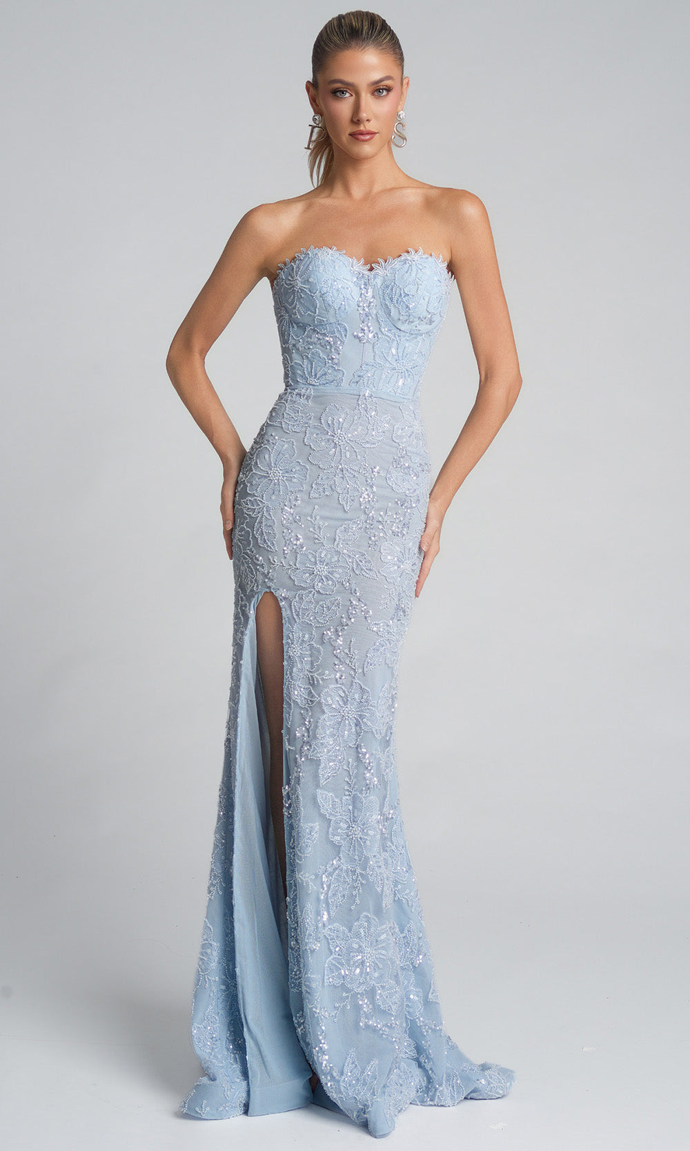 Portia and Scarlett PS26175 - Strapless Floral Lace Dress With Slit Prom Dresses
