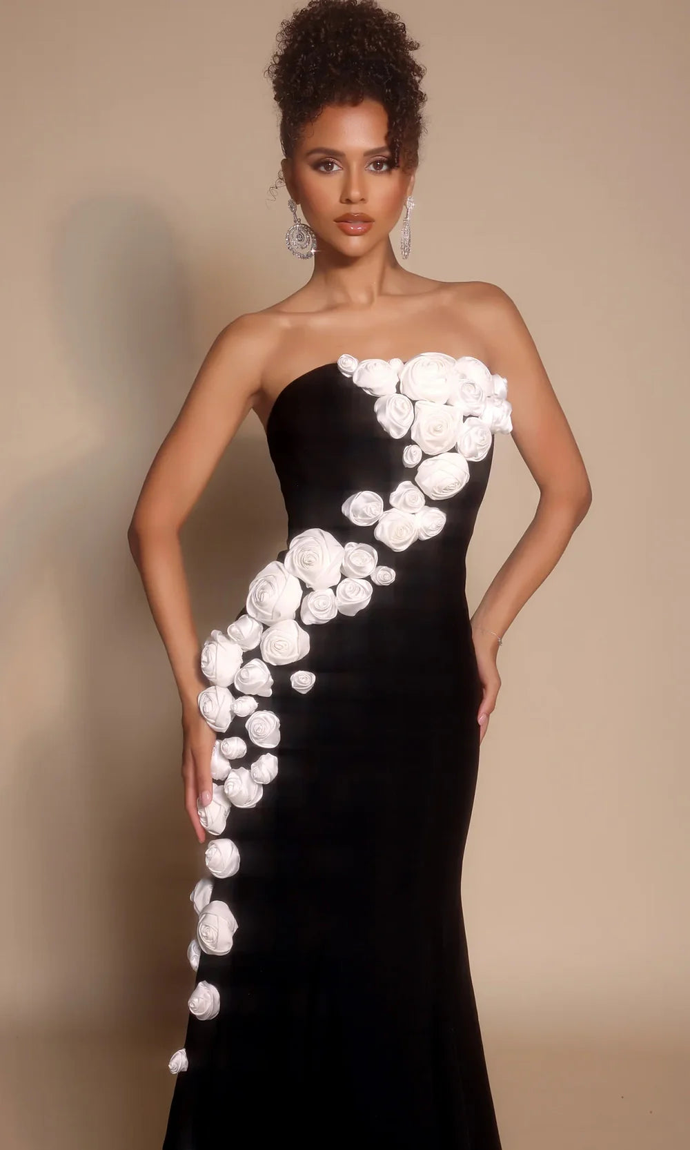 Portia and Scarlett PS26305E - Straight Neck Long Dress With 3D Rosettes Prom Dresses